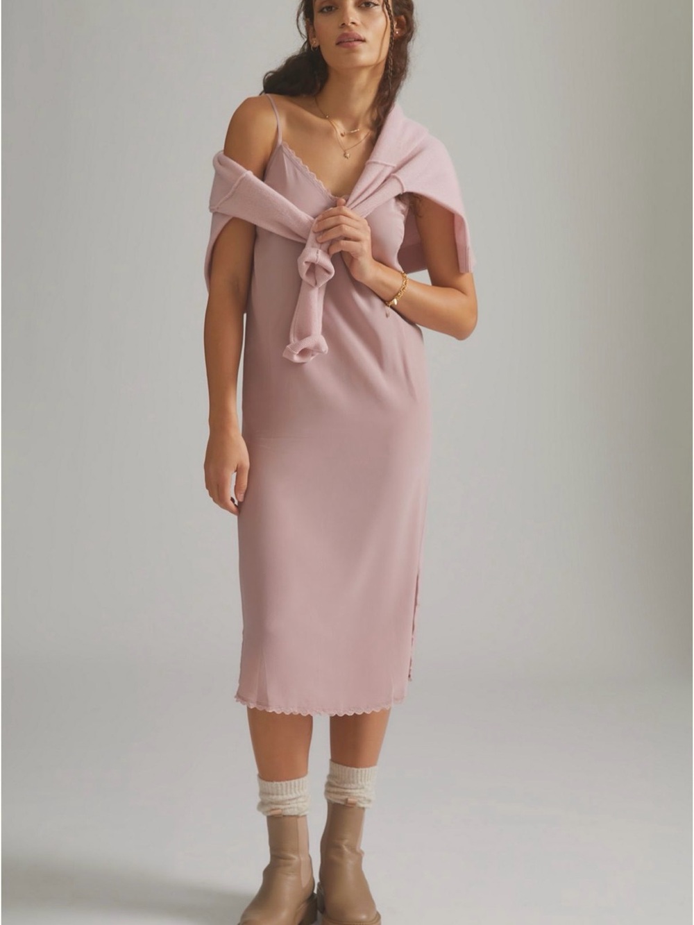 Anthropologie Silk Dusty Rose Slip Midi Dress